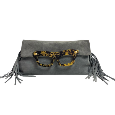 Lucy clutch bag in grey suede and fringes