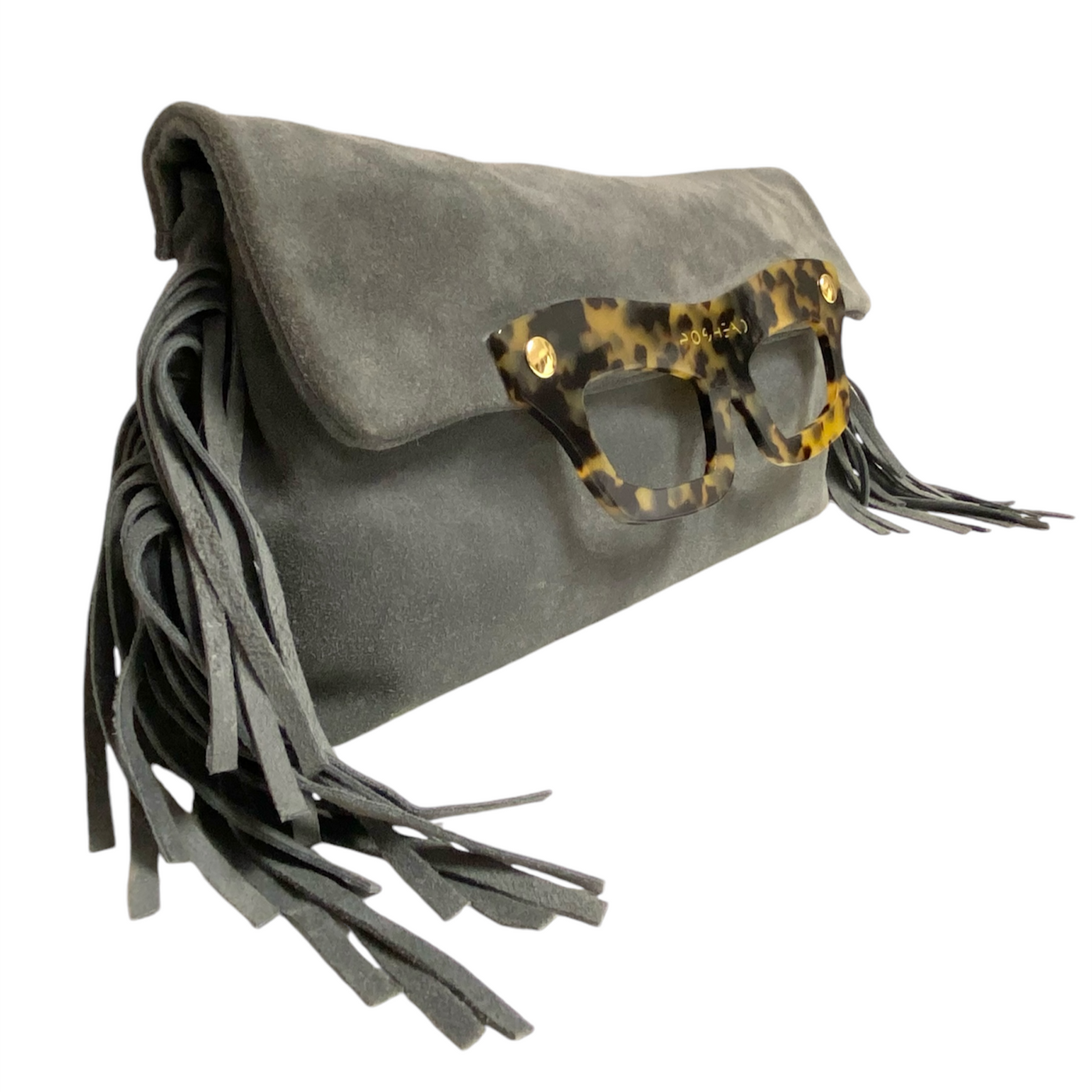 Lucy clutch bag in grey suede and fringes