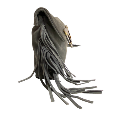 Lucy clutch bag in grey suede and fringes