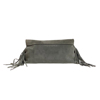 Lucy clutch bag in grey suede and fringes